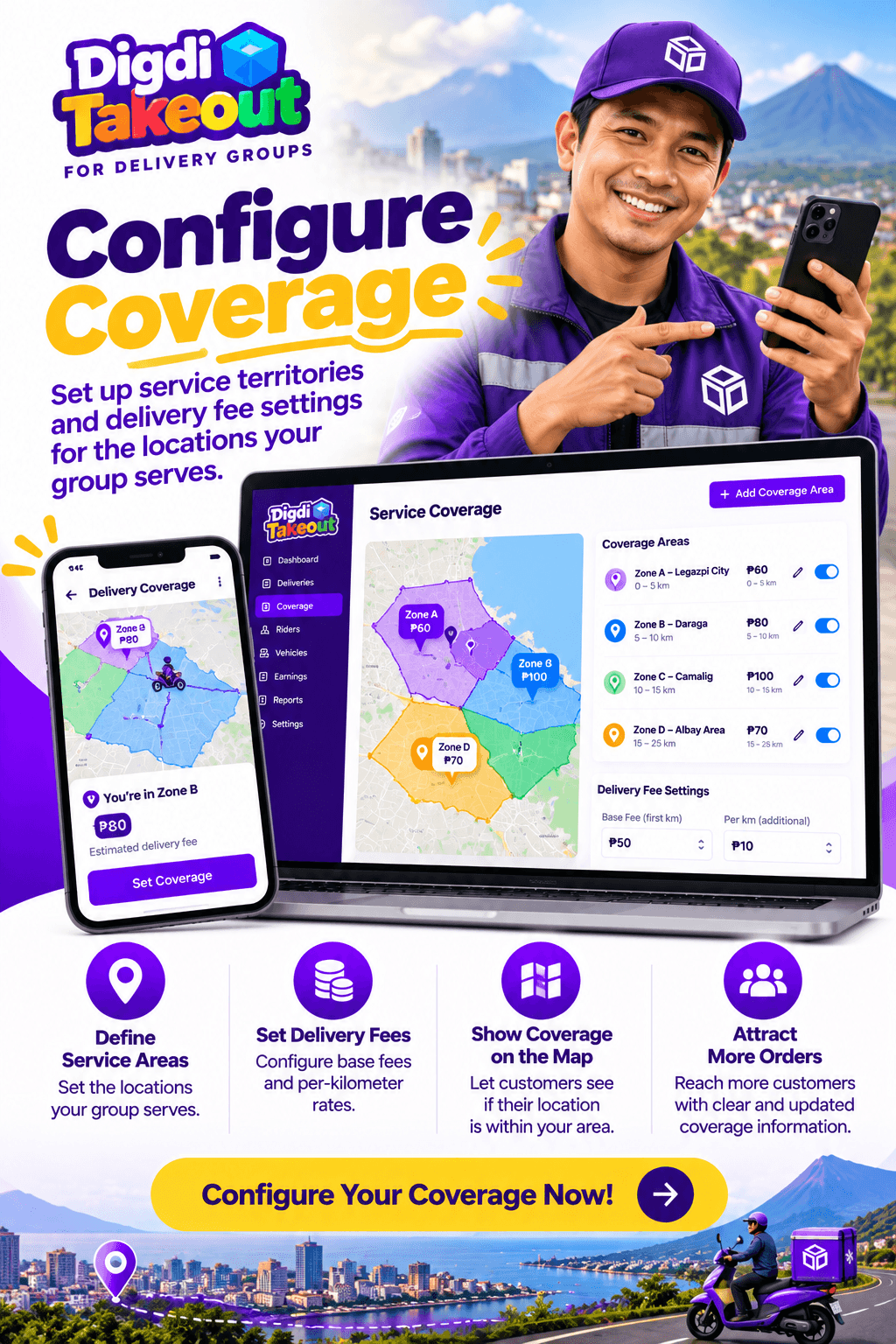 Configuring a delivery group service area and coverage