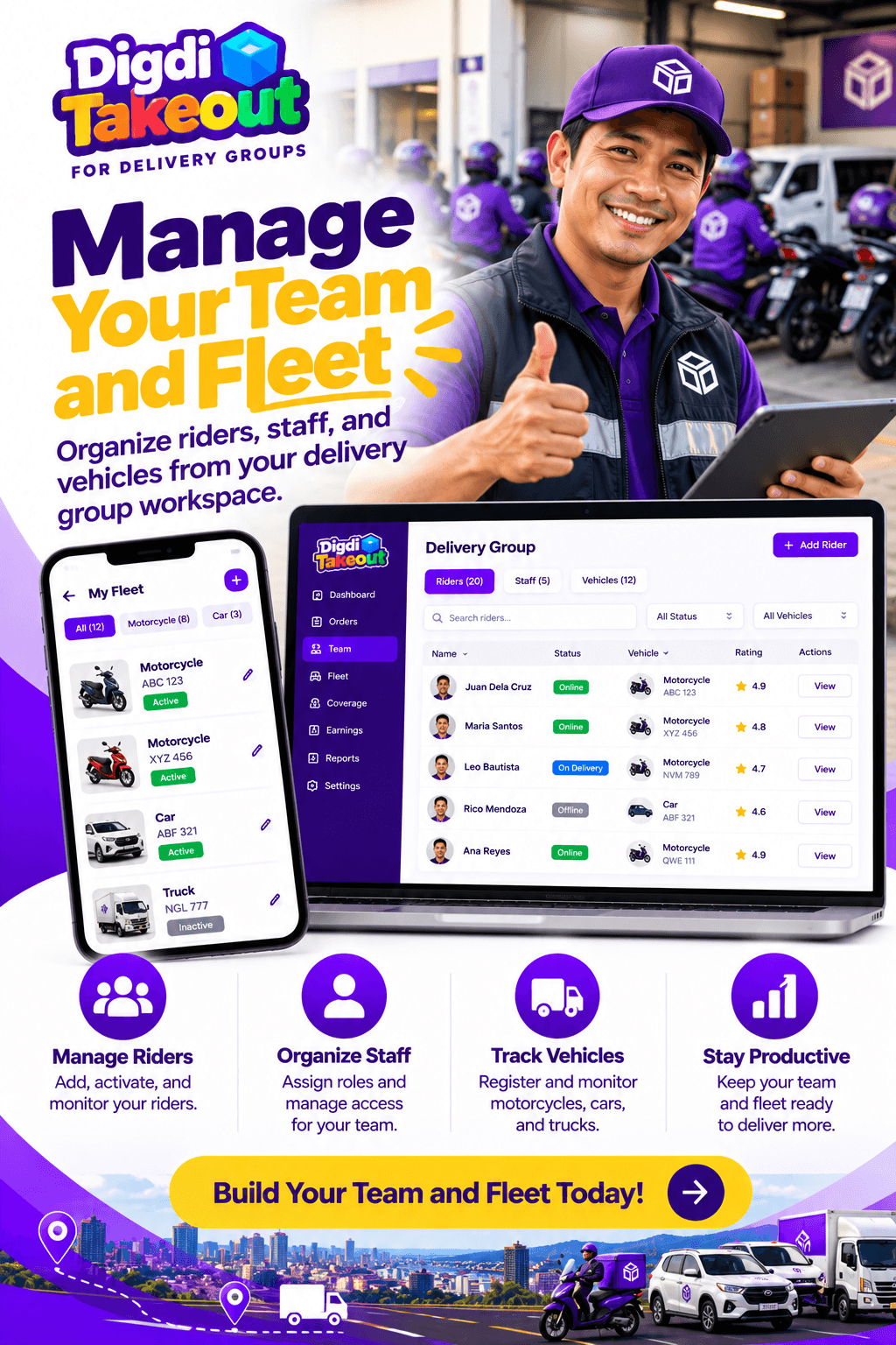 Managing delivery riders, staff, and vehicles