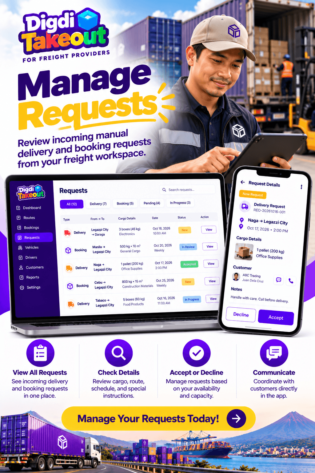 Managing freight booking and delivery requests