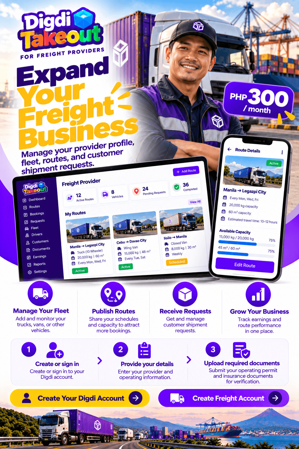 Freight provider subscription for fleet, routes, and shipment requests